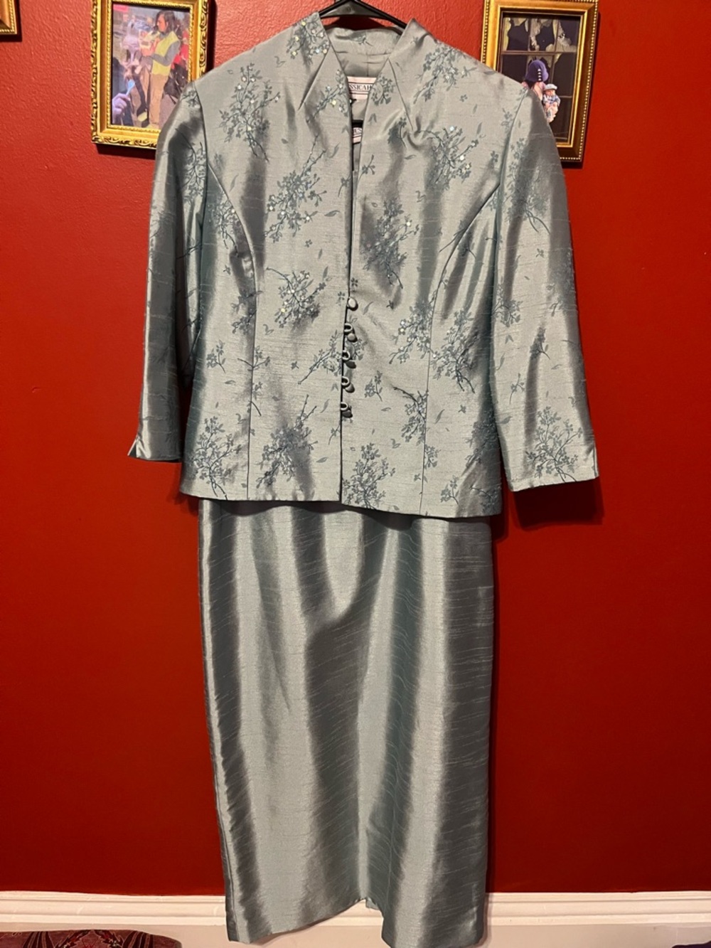 Vintage Light Blue Floral Satin Skirt Suit